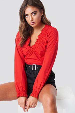 NA-KD Classic bluse, Gathered Neckline Top röd NA-KD Classic bluse, Gathered Neckline Top röd